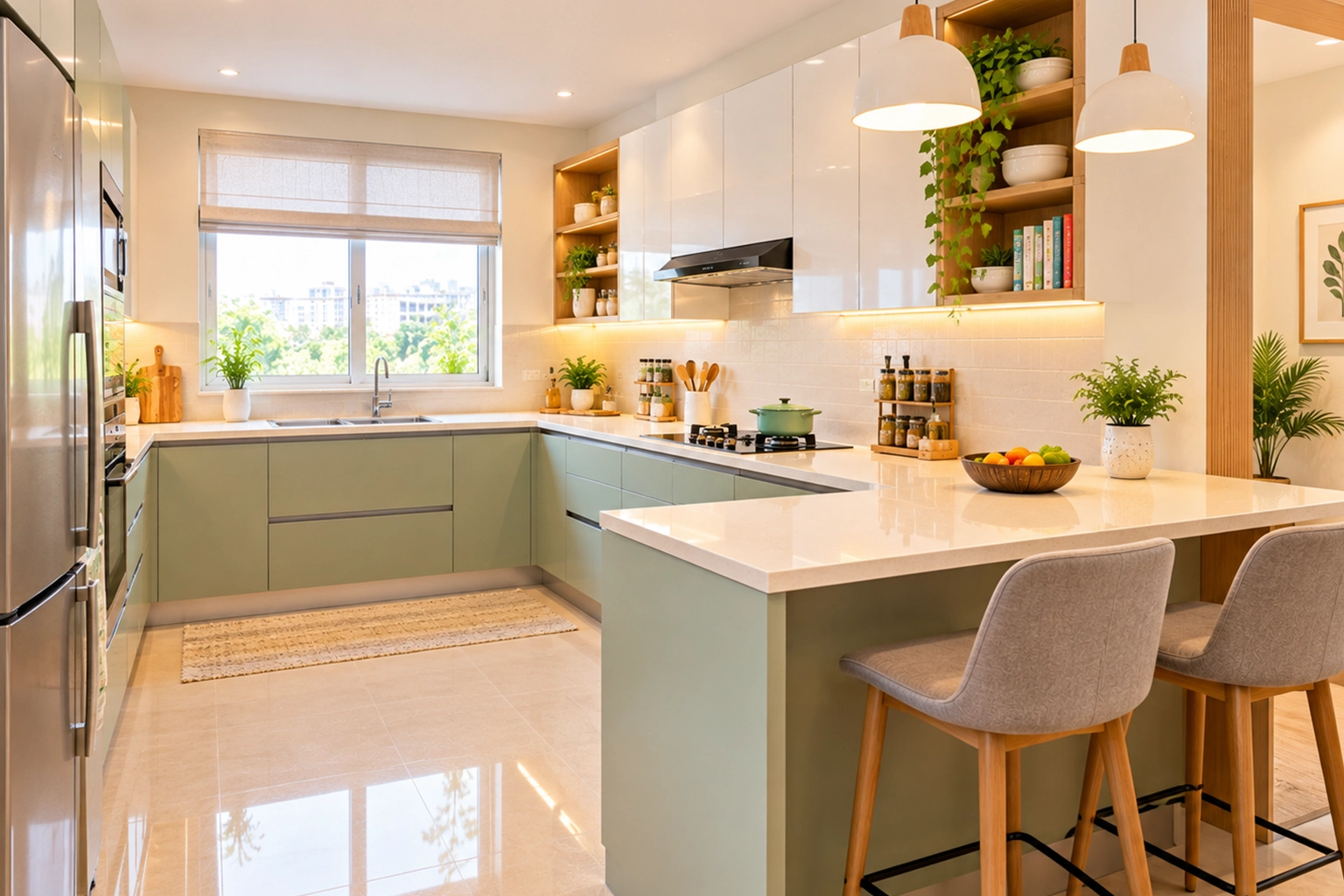Bright Mint Green Kitchen with Peninsula Bar