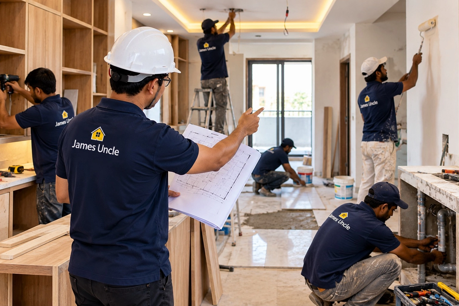 (5) Execution- Construction and Coordination of carpentry, civil, electrical, plumbing, painting and other work.