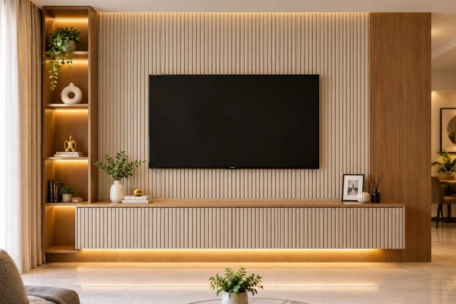 Warm Minimalist Fluted TV Wall