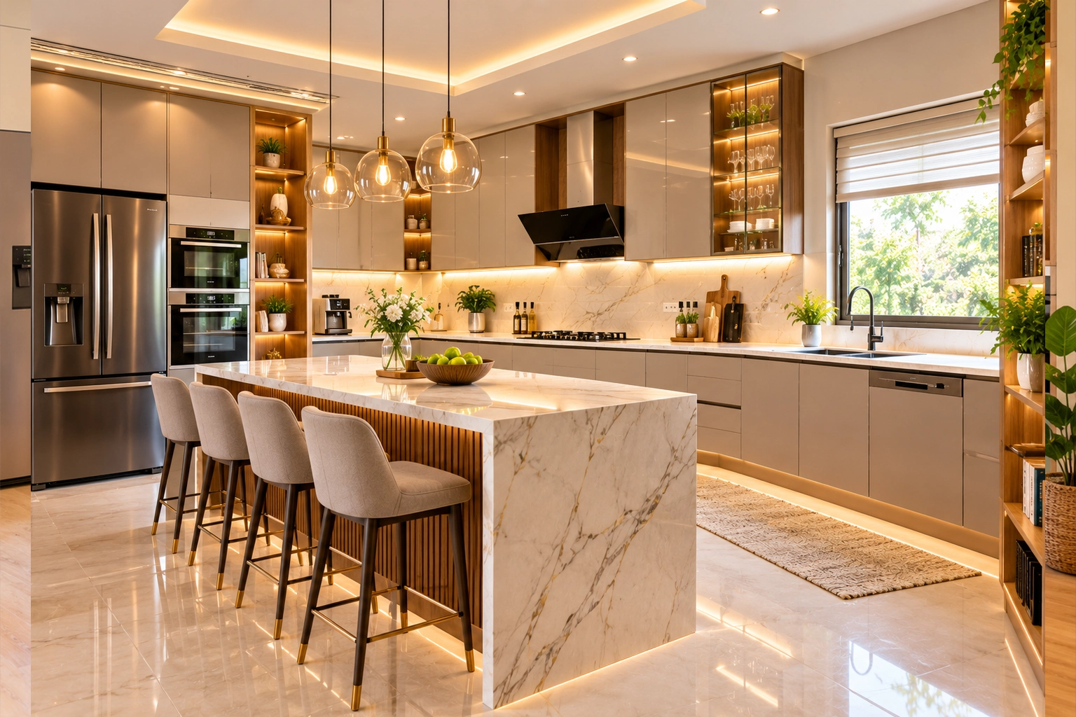 Luxe Marble Kitchen with Warm Lighting