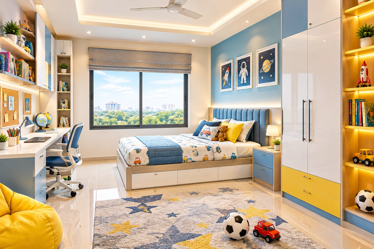Cheerful Modern Kids’ Room with Space Accents