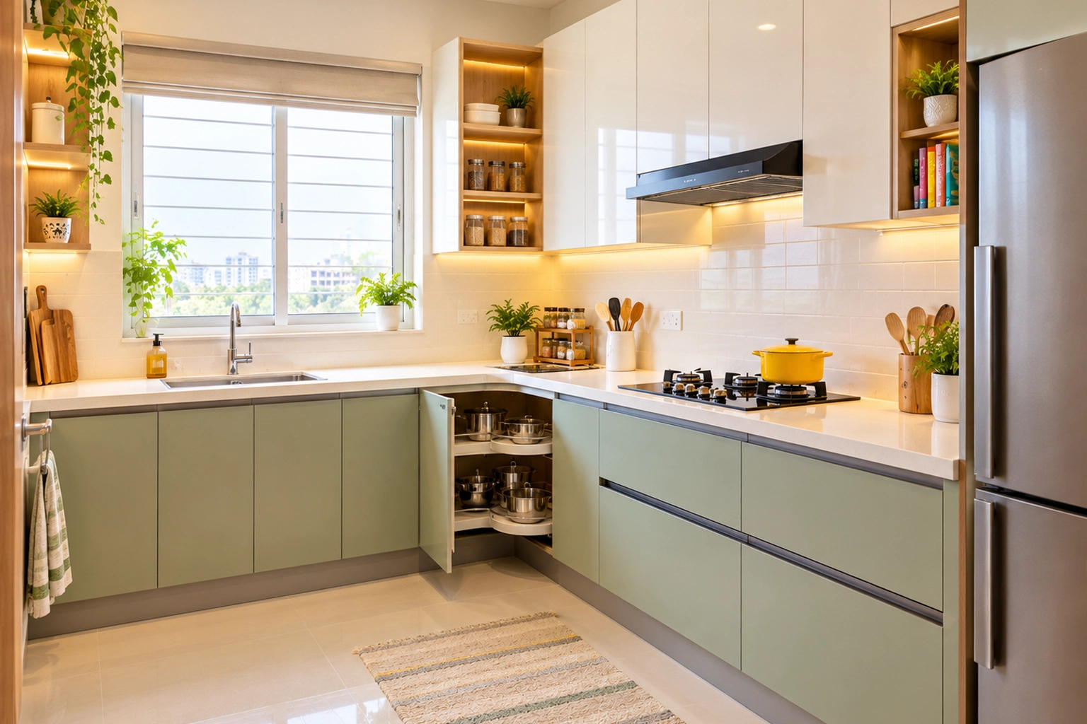 Bright Sage Green L-Shaped Kitchen