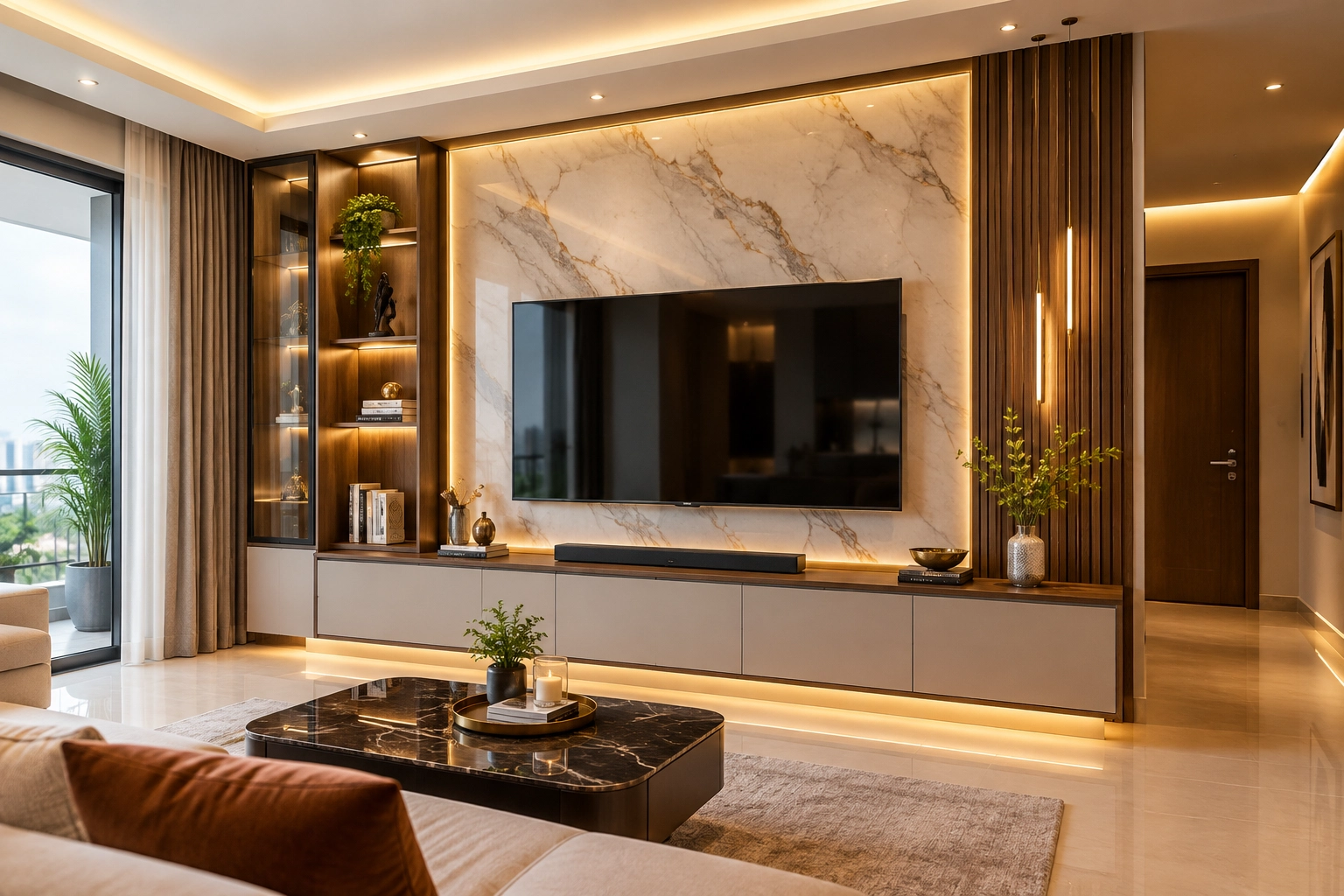 Luxurious Marble and Wood TV Lounge